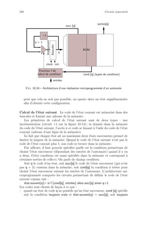 230 Circuits s´equentiels
+1
Bascules
ROM
entr´ees
clock init
cond [q] (types de condition)
succ [q]
q
sorties[q]
Fonction f de
calcul de condition
q + 1
´etat-suivant
Fig. 10.14 – Architecture d’une r´ealisation microprogramm´ee d’un automate
peut que cela ne soit pas possible, on ajoute alors un ´etat suppl´ementaire
aﬁn d’obtenir cette conﬁguration.
Calcul de l’´etat suivant Le code de l’´etat courant est m´emoris´e dans des
bascules et fournit une adresse de la m´emoire.
Les primitives de calcul de l’´etat suivant sont de deux types : une
incr´ementation (circuit +1 sur la ﬁgure 10.14) ; la donn´ee dans la m´emoire
du code de l’´etat suivant, l’acc`es `a ce code se faisant `a l’aide du code de l’´etat
courant (adresse d’une ligne de la m´emoire).
Le fait que chaque ´etat ait au maximum deux ´etats successeurs permet de
limiter la largeur de la m´emoire. Quand le code de l’´etat suivant n’est pas le
code de l’´etat courant plus 1, son code se trouve dans la m´emoire.
Par ailleurs, il faut pouvoir sp´eciﬁer quelle est la condition permettant de
choisir l’´etat successeur (d´ependant des entr´ees de l’automate) quand il y en
a deux. Cette condition est aussi sp´eciﬁ´ee dans la m´emoire et correspond `a
certaines sorties de celle-ci. On parle de champ condition.
Soit q le code d’un ´etat, soit succ[q] le code de l’´etat successeur (qui n’est
pas q + 1) contenu dans la m´emoire, soit cond[q] la condition `a tester pour
choisir l’´etat successeur suivant les entr´ees de l’automate. L’architecture mi-
croprogramm´ee comporte les circuits permettant de d´eﬁnir le code de l’´etat
suivant comme suit :
´etat-suivant(q)= si f (cond[q], entr´ees) alors succ[q] sinon q+1.
Les codes sont choisis de fa¸con `a ce que :
– quand un ´etat de code q ne poss`ede qu’un ´etat successeur, cond [q] sp´eciﬁe
soit la condition toujours vraie et ´etat-suivant(q) = succ[q], soit toujours
 