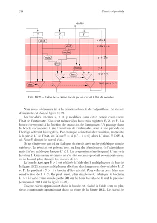 238 Circuits s´equentiels
plus
moins
moins
u div 4
y-z
si z ≤ y
z + 2*u
1
Z Y
test
test
z div 2 - u
div4
div2
mult2
U
tant que u  1
r´esultat
Fig. 10.23 – Calcul de la racine carr´ee par un circuit `a ﬂot de donn´ees
Nous nous int´eressons ici `a la deuxi`eme boucle de l’algorithme. Le circuit
d’ensemble est donn´e ﬁgure 10.23.
Les variables internes u, z et y modiﬁ´ees dans cette boucle constituent
l’´etat de l’automate. Elles sont m´emoris´ees dans trois registres U, Z, et Y . La
boucle correspond `a la fonction de transition de l’automate. Un passage dans
la boucle correspond `a une transition de l’automate, donc `a une p´eriode de
l’horloge activant les registres. Par exemple la fonction de transition, restreinte
`a la partie U de l’´etat, est NouvU = si (U − 1 = 0) alors U sinon U DIV 4,
o`u NouvU d´enote le nouvel ´etat.
On ne s’int´eresse pas ici au dialogue du circuit avec un hypoth´etique monde
ext´erieur. Le r´esultat est pr´esent tout au long du d´eroulement de l’algorithme
mais il n’est valide que lorsque U ≤ 1. La progression s’arrˆete quand U arrive `a
la valeur 1. Comme un automate ne s’arrˆete pas, on reproduit ce comportement
en ne faisant plus changer les valeurs de U.
La boucle tant que U  1 est r´ealis´ee `a l’aide des 3 multiplexeurs du bas de
la ﬁgure 10.23, chaque multiplexeur d´ecidant du changement des variables U,Z
et Y . Le pr´edicat (U  1) a besoin d’ˆetre calcul´e. Pour cela on peut faire une
soustraction de 1 `a U. On peut aussi, plus simplement, fabriquer le bool´een
U  1 `a l’aide d’une simple porte OU sur les tous les bits de U sauf le premier
(composant test1 sur la ﬁgure 10.23).
Chaque calcul apparaissant dans la boucle est r´ealis´e `a l’aide d’un ou plu-
sieurs composants apparaissant dans un ´etage de la ﬁgure 10.23. Le calcul de
 