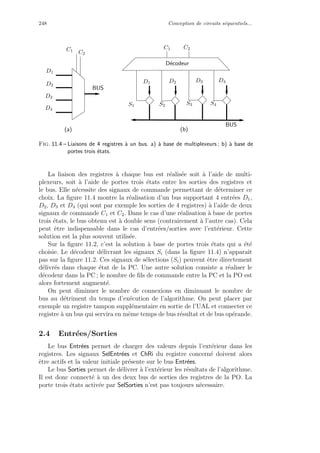 248 Conception de circuits s´equentiels...
BUS
D2 D3 D4
C1 C2
S1 S2 S3 S4
BUS
C1 C2
D1
D4
D2
D3
D´ecodeur
(b)(a)
D1
Fig. 11.4 – Liaisons de 4 registres `a un bus. a) `a base de multiplexeurs ; b) `a base de
portes trois ´etats.
La liaison des registres `a chaque bus est r´ealis´ee soit `a l’aide de multi-
plexeurs, soit `a l’aide de portes trois ´etats entre les sorties des registres et
le bus. Elle n´ecessite des signaux de commande permettant de d´eterminer ce
choix. La ﬁgure 11.4 montre la r´ealisation d’un bus supportant 4 entr´ees D1,
D2, D3 et D4 (qui sont par exemple les sorties de 4 registres) `a l’aide de deux
signaux de commande C1 et C2. Dans le cas d’une r´ealisation `a base de portes
trois ´etats, le bus obtenu est `a double sens (contrairement `a l’autre cas). Cela
peut ˆetre indispensable dans le cas d’entr´ees/sorties avec l’ext´erieur. Cette
solution est la plus souvent utilis´ee.
Sur la ﬁgure 11.2, c’est la solution `a base de portes trois ´etats qui a ´et´e
choisie. Le d´ecodeur d´elivrant les signaux Si (dans la ﬁgure 11.4) n’apparaˆıt
pas sur la ﬁgure 11.2. Ces signaux de s´elections (Si) peuvent ˆetre directement
d´elivr´es dans chaque ´etat de la PC. Une autre solution consiste a r´ealiser le
d´ecodeur dans la PC ; le nombre de ﬁls de commande entre la PC et la PO est
alors fortement augment´e.
On peut diminuer le nombre de connexions en diminuant le nombre de
bus au d´etriment du temps d’ex´ecution de l’algorithme. On peut placer par
exemple un registre tampon suppl´ementaire en sortie de l’UAL et connecter ce
registre `a un bus qui servira en mˆeme temps de bus r´esultat et de bus op´erande.
2.4 Entr´ees/Sorties
Le bus Entr´ees permet de charger des valeurs depuis l’ext´erieur dans les
registres. Les signaux SelEntr´ees et ChRi du registre concern´e doivent alors
ˆetre actifs et la valeur initiale pr´esente sur le bus Entr´ees.
Le bus Sorties permet de d´elivrer `a l’ext´erieur les r´esultats de l’algorithme.
Il est donc connect´e `a un des deux bus de sorties des registres de la PO. La
porte trois ´etats activ´ee par SelSorties n’est pas toujours n´ecessaire.
 