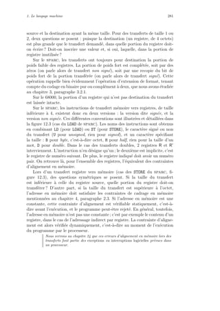 1. Le langage machine 281
source et la destination ayant la mˆeme taille. Pour des transferts de taille 1 ou
2, deux questions se posent : puisque la destination (un registre, de 4 octets)
est plus grande que le transfert demand´e, dans quelle portion du registre doit-
on ´ecrire ? Doit-on inscrire une valeur et, si oui, laquelle, dans la portion de
registre inutilis´ee ?
Sur le sparc, les transferts ont toujours pour destination la portion de
poids faible des registres. La portion de poids fort est compl´et´ee, soit par des
z´eros (on parle alors de transfert non sign´e), soit par une recopie du bit de
poids fort de la portion transf´er´ee (on parle alors de transfert sign´e). Cette
op´eration rappelle bien ´evidemment l’op´eration d’extension de format, tenant
compte du codage en binaire pur ou compl´ement `a deux, que nous avons ´etudi´ee
au chapitre 3, paragraphe 3.2.1.
Sur le 68000, la portion d’un registre qui n’est pas destination du transfert
est laiss´ee intacte.
Sur le sparc, les instructions de transfert m´emoire vers registres, de taille
inf´erieure `a 4, existent donc en deux versions : la version dite sign´ee, et la
version non sign´ee. Ces diﬀ´erentes conventions sont illustr´ees et d´etaill´ees dans
la ﬁgure 12.3 (cas du LOAD de sparc). Les noms des instructions sont obtenus
en combinant LD (pour LOAD) ou ST (pour STORE), le caract`ere sign´e ou non
du transfert (U pour unsigned, rien pour signed), et un caract`ere sp´eciﬁant
la taille : B pour byte, c’est-`a-dire octet, H pour half, rien pour la taille d’un
mot, D pour double. Dans le cas des transferts doubles, 2 registres R et R’
interviennent. L’instruction n’en d´esigne qu’un ; le deuxi`eme est implicite, c’est
le registre de num´ero suivant. De plus, le registre indiqu´e doit avoir un num´ero
pair. On retrouve l`a, pour l’ensemble des registres, l’´equivalent des contraintes
d’alignement en m´emoire.
Lors d’un transfert registre vers m´emoire (cas des STORE du sparc, ﬁ-
gure 12.3), des questions sym´etriques se posent. Si la taille du transfert
est inf´erieure `a celle du registre source, quelle portion du registre doit-on
transf´erer ? D’autre part, si la taille du transfert est sup´erieure `a l’octet,
l’adresse en m´emoire doit satisfaire les contraintes de cadrage en m´emoire
mentionn´ees au chapitre 4, paragraphe 2.3. Si l’adresse en m´emoire est une
constante, cette contrainte d’alignement est v´eriﬁable statiquement, c’est-`a-
dire avant l’ex´ecution, et le programme peut-ˆetre rejet´e. En g´en´eral, toutefois,
l’adresse en m´emoire n’est pas une constante ; c’est par exemple le contenu d’un
registre, dans le cas de l’adressage indirect par registre. La contrainte d’aligne-
ment est alors v´eriﬁ´ee dynamiquement, c’est-`a-dire au moment de l’ex´ecution
du programme par le processeur.
Nous verrons au chapitre 24 que ces erreurs d’alignement en m´emoire lors des
transferts font partie des exceptions ou interruptions logicielles pr´evues dans
un processeur.
 