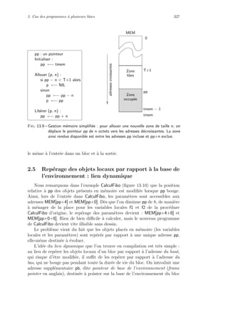 2. Cas des programmes `a plusieurs blocs 327
pp : un pointeur
Initialiser :
pp ←− tmem
Allouer (p, n) :
si pp − n  T+1 alors
p ←− NIL
sinon
pp ←− pp − n
p ←− pp
Lib´erer (p, n) :
pp ←− pp + n
T+1
Zone
occup´ee
tmem
adressescroissantes
Zone
libre
pp
tmem − 1
MEM
0
Fig. 13.9 – Gestion m´emoire simpliﬁ´ee : pour allouer une nouvelle zone de taille n, on
d´eplace le pointeur pp de n octets vers les adresses d´ecroissantes. La zone
ainsi rendue disponible est entre les adresses pp incluse et pp+n exclue.
le mˆeme `a l’entr´ee dans un bloc et `a la sortie.
2.5 Rep´erage des objets locaux par rapport `a la base de
l’environnement : lien dynamique
Nous remarquons dans l’exemple CalculFibo (ﬁgure 13.10) que la position
relative `a pp des objets pr´esents en m´emoire est modiﬁ´ee lorsque pp bouge.
Ainsi, lors de l’entr´ee dans CalculFibo, les param`etres sont accessibles aux
adresses MEM[pp+4] et MEM[pp+0]. D`es que l’on diminue pp de 8, de mani`ere
`a m´enager de la place pour les variables locales f1 et f2 de la proc´edure
CalculFibo d’origine, le rep´erage des param`etres devient : MEM[pp+4+8] et
MEM[pp+0+8]. Rien de bien diﬃcile `a calculer, mais le nouveau programme
de CalculFibo devient vite illisible sans dessin.
Le probl`eme vient du fait que les objets plac´es en m´emoire (les variables
locales et les param`etres) sont rep´er´es par rapport `a une unique adresse pp,
elle-mˆeme destin´ee `a ´evoluer.
L’id´ee du lien dynamique que l’on trouve en compilation est tr`es simple :
au lieu de rep´erer les objets locaux d’un bloc par rapport `a l’adresse du haut,
qui risque d’ˆetre modiﬁ´ee, il suﬃt de les rep´erer par rapport `a l’adresse du
bas, qui ne bouge pas pendant toute la dur´ee de vie du bloc. On introduit une
adresse suppl´ementaire pb, dite pointeur de base de l’environnement (frame
pointer en anglais), destin´ee `a pointer sur la base de l’environnement du bloc
 