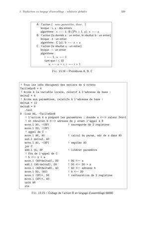 3. Traduction en langage d’assemblage : solutions globales 339
A : l’action { sans param`etre, donc. }
lexique : x, y : des entiers
algorithme : x ←− 1 ; B (3*x + 1, y) ; x ←− y
B : l’action (la donn´ee a : un entier, le r´esultat b : un entier)
lexique : z : un entier
algorithme : C (z) ; b ←− z + a
C : l’action (le r´esultat u : un entier)
lexique : i : un entier
algorithme :
i ←− 1 ; u ←− 1
tant que i ≤ 10
u ←− u + i ; i ←− i + 1
Fig. 13.14 – Proc´edures A, B, C
! Tous les idfs d´esignent des entiers de 4 octets
TailleEnvB = 4
! Acc`es `a la variable locale, relatif `a l’adresse de base :
deltaZ = 4
! Acc`es aux param`etres, relatifs `a l’adresse de base :
deltaA = 12
deltaB = 8
.text
B :link A6, -TailleEnvB
! l’action A a pr´epar´e les param`etres : donn´ee a -- valeur 3*x+1
! et r´esultat b -- adresse de y avant l’appel `a B
move.l A0, -(SP) ! sauvegarde de 2 registres
move.l D0, -(SP)
! appel de C :
move.l A6, A0 ! calcul du param, adr de z dans A0
sub.l deltaZ, A0
move.l A0, -(SP) ! empiler A0
jsr C
add.l 4, SP ! lib´erer param`etre
! fin de l’appel de C
! b -- z + a
move.l (A6+deltaA), D0 ! D0 -- a
add.l (A6-deltaZ), D0 ! D0 -- D0 + z
move.l (A6+deltaB), A0 ! A0 -- adresse b
move.l D0, (A0) ! b -- D0
move.l (SP)+, D0 ! restauration de 2 registres
move.l (SP)+, A0
unlk A6
rts
Fig. 13.15 – Codage de l’action B en langage d’assemblage 68000
 