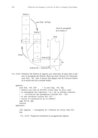 344 Traduction des langages `a structure de blocs en langage d’assemblage
i
l
o i
l
o
PILE
6
save %o6, -64,%o6
64
Zone de sauvegarde
de la fenˆetre 2
restore
0
fenˆetre1.SP = fenˆetre2.FP
fenˆetre2.SP
7
6
7
fenˆetre 2
fenˆetre 1
Fig. 13.18 – Utilisation des fenˆetres de registres avec r´eservation de place dans la pile
pour la sauvegarde des fenˆetres. Noter que dans l’´ecriture de l’instruction
save %o6, -64, %o6, le premier %o6 d´esigne celui de l’ancienne fenˆetre
et le second celui de la nouvelle fenˆetre.
appelee:
save %o6, -64, %o6 ! ou save %sp, -64, %sp
! r´eserve une zone de 64=16*4 octets dans la pile, pour
! la sauvegarde des registres i et l de ce nouveau contexte.
! ... utilisation des param`etres d’entr´ee %i0...%i6
! et des variables locales %l0..%l7 ...
! retour et restauration de la fen^etre
jmpl %i7+8, %g0
restore
appelante:
...
call appelee ! sauvegarde de l’adresse de retour dans %o7
nop
Fig. 13.19 – Programme n´ecessitant la sauvegarde des registres
 