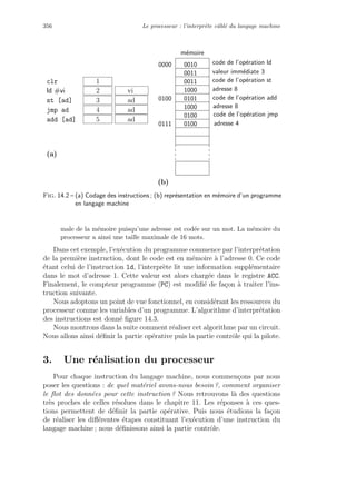 356 Le processeur : l’interpr`ete cˆabl´e du langage machine
clr 1
ld #vi 2 vi
st [ad] 3 ad
jmp ad 4 ad
add [ad] 5 ad
(a)
0100
0000 0010
0011
0011
1000
0101
1000
0100
01000111
m´emoire
code de l’op´eration jmp
adresse 4
code de l’op´eration ld
valeur imm´ediate 3
code de l’op´eration st
adresse 8
code de l’op´eration add
adresse 8
(b)
Fig. 14.2 – (a) Codage des instructions ; (b) repr´esentation en m´emoire d’un programme
en langage machine
male de la m´emoire puisqu’une adresse est cod´ee sur un mot. La m´emoire du
processeur a ainsi une taille maximale de 16 mots.
Dans cet exemple, l’ex´ecution du programme commence par l’interpr´etation
de la premi`ere instruction, dont le code est en m´emoire `a l’adresse 0. Ce code
´etant celui de l’instruction ld, l’interpr`ete lit une information suppl´ementaire
dans le mot d’adresse 1. Cette valeur est alors charg´ee dans le registre ACC.
Finalement, le compteur programme (PC) est modiﬁ´e de fa¸con `a traiter l’ins-
truction suivante.
Nous adoptons un point de vue fonctionnel, en consid´erant les ressources du
processeur comme les variables d’un programme. L’algorithme d’interpr´etation
des instructions est donn´e ﬁgure 14.3.
Nous montrons dans la suite comment r´ealiser cet algorithme par un circuit.
Nous allons ainsi d´eﬁnir la partie op´erative puis la partie contrˆole qui la pilote.
3. Une r´ealisation du processeur
Pour chaque instruction du langage machine, nous commen¸cons par nous
poser les questions : de quel mat´eriel avons-nous besoin ?, comment organiser
le ﬂot des donn´ees pour cette instruction ? Nous retrouvons l`a des questions
tr`es proches de celles r´esolues dans le chapitre 11. Les r´eponses `a ces ques-
tions permettent de d´eﬁnir la partie op´erative. Puis nous ´etudions la fa¸con
de r´ealiser les diﬀ´erentes ´etapes constituant l’ex´ecution d’une instruction du
langage machine ; nous d´eﬁnissons ainsi la partie contrˆole.
 