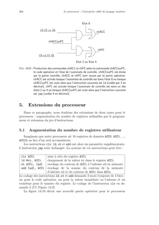 364 Le processeur : l’interpr`ete cˆabl´e du langage machine
chACCouPC
ri3.ri2.ri1.ri0
ri3.ri2.ri1.ri0
chPC
chACC
Etat 8
Etat 2 ou Etat 4
Fig. 14.8 – Production des commandes chACC et chPC selon la commande chACCouPC,
le code op´eration et l’´etat de l’automate de contrˆole. chACCouPC est ´emise
par la partie contrˆole, chACC et chPC sont re¸cues par la partie op´erative.
chACC est activ´ee lorsque l’automate de contrˆole est dans l’´etat 8 ou lorsque
chACCouPC est vraie alors que l’instruction courante est ld (cod´ee par 2 en
d´ecimal). chPC est activ´ee lorsque l’automate de contrˆole est dans un des
´etats 2 ou 4 ou lorsque chACCouPC est vraie alors que l’instruction courante
est jmp (cod´ee 4 en d´ecimal).
5. Extensions du processeur
Dans ce paragraphe, nous ´etudions des extensions de deux types pour le
processeur : augmentation du nombre de registres utilisables par le program-
meur et extension du jeu d’instructions.
5.1 Augmentation du nombre de registres utilisateur
Imaginons que notre processeur ait 16 registres de donn´ees ACC0, ACC1, ...,
ACC15 au lieu d’un seul accumulateur.
Les instructions clr, ld, st et add ont alors un param`etre suppl´ementaire.
L’instruction jmp reste inchang´ee. La syntaxe de ces instructions peut ˆetre :
clr ACCi mise `a z´ero du registre ACCi
ld #vi, ACCi chargement de la valeur vi dans le registre ACCi
st ACCi, [ad] stockage du contenu de ACCi `a l’adresse ad en m´emoire
add [ad], ACCi stockage de la somme du contenu de la m´emoire
d’adresse ad et du contenu de ACCi dans ACCi.
Le codage des instructions ld, st et add demande 3 mots (toujours de 4 bits) :
un pour le code op´eration, un pour la valeur imm´ediate ou l’adresse et un
troisi`eme pour le num´ero du registre. Le codage de l’instruction clr en de-
mande 2 (Cf. Figure 14.9).
La ﬁgure 14.10 d´ecrit une nouvelle partie op´erative pour le processeur
 
