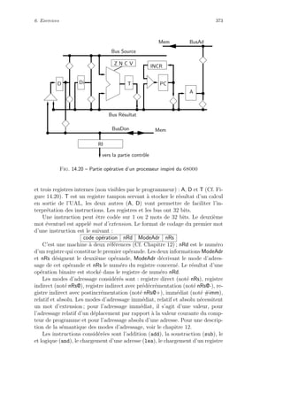6. Exercices 373
PC
A
Mem BusAd
Bus R´esultat
Bus Source
D Di
INCR
Z N C V
T
BusDon Mem
RI
vers la partie contrˆole
Fig. 14.20 – Partie op´erative d’un processeur inspir´e du 68000
et trois registres internes (non visibles par le programmeur) : A, D et T (Cf. Fi-
gure 14.20). T est un registre tampon servant `a stocker le r´esultat d’un calcul
en sortie de l’UAL, les deux autres (A, D) vont permettre de faciliter l’in-
terpr´etation des instructions. Les registres et les bus ont 32 bits.
Une instruction peut ˆetre cod´ee sur 1 ou 2 mots de 32 bits. Le deuxi`eme
mot ´eventuel est appel´e mot d’extension. Le format de codage du premier mot
d’une instruction est le suivant :
code op´eration nRd ModeAdr nRs
C’est une machine `a deux r´ef´erences (Cf. Chapitre 12) ; nRd est le num´ero
d’un registre qui constitue le premier op´erande. Les deux informations ModeAdr
et nRs d´esignent le deuxi`eme op´erande, ModeAdr d´ecrivant le mode d’adres-
sage de cet op´erande et nRs le num´ero du registre concern´e. Le r´esultat d’une
op´eration binaire est stock´e dans le registre de num´ero nRd.
Les modes d’adressage consid´er´es sont : registre direct (not´e nRs), registre
indirect (not´e nRs@), registre indirect avec pr´ed´ecr´ementation (not´e nRs@-), re-
gistre indirect avec postincr´ementation (not´e nRs@+), imm´ediat (not´e #imm),
relatif et absolu. Les modes d’adressage imm´ediat, relatif et absolu n´ecessitent
un mot d’extension ; pour l’adressage imm´ediat, il s’agit d’une valeur, pour
l’adressage relatif d’un d´eplacement par rapport `a la valeur courante du comp-
teur de programme et pour l’adressage absolu d’une adresse. Pour une descrip-
tion de la s´emantique des modes d’adressage, voir le chapitre 12.
Les instructions consid´er´ees sont l’addition (add), la soustraction (sub), le
et logique (and), le chargement d’une adresse (lea), le chargement d’un registre
 