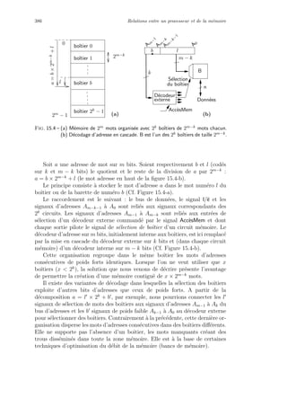 386 Relations entre un processeur et de la m´emoire
B
D´ecodeur
externe
boˆıtier 0
boˆıtier 1
boˆıtier b
boˆıtier 2k − 1
(a)2m − 1
2m−k
0
l
a=b×2m−k+l
(b)
b l
Acc`esMem
m − k
k
du boˆıtier
S´election
n
Donn´ees
A
0
A
m
−
kA
m
−
k−
1
A
m
−
1
Fig. 15.4 – (a) M´emoire de 2m mots organis´ee avec 2k boˆıtiers de 2m−k mots chacun.
(b) D´ecodage d’adresse en cascade. B est l’un des 2k boˆıtiers de taille 2m−k.
Soit a une adresse de mot sur m bits. Soient respectivement b et l (cod´es
sur k et m − k bits) le quotient et le reste de la division de a par 2m−k
:
a = b × 2m−k
+ l (le mot adresse en haut de la ﬁgure 15.4-b).
Le principe consiste `a stocker le mot d’adresse a dans le mot num´ero l du
boˆıtier ou de la barette de num´ero b (Cf. Figure 15.4-a).
Le raccordement est le suivant : le bus de donn´ees, le signal l/e et les
signaux d’adresses Am−k−1 `a A0 sont reli´es aux signaux correspondants des
2k
circuits. Les signaux d’adresses Am−1 `a Am−k sont reli´es aux entr´ees de
s´election d’un d´ecodeur externe command´e par le signal Acc`esMem et dont
chaque sortie pilote le signal de s´election de boˆıtier d’un circuit m´emoire. Le
d´ecodeur d’adresse sur m bits, initialement interne aux boˆıtiers, est ici remplac´e
par la mise en cascade du d´ecodeur externe sur k bits et (dans chaque circuit
m´emoire) d’un d´ecodeur interne sur m − k bits (Cf. Figure 15.4-b).
Cette organisation regroupe dans le mˆeme boˆıtier les mots d’adresses
cons´ecutives de poids forts identiques. Lorsque l’on ne veut utiliser que x
boˆıtiers (x  2k
), la solution que nous venons de d´ecrire pr´esente l’avantage
de permettre la cr´eation d’une m´emoire contigu¨e de x × 2m−k
mots.
Il existe des variantes de d´ecodage dans lesquelles la s´election des boˆıtiers
exploite d’autres bits d’adresses que ceux de poids forts. A partir de la
d´ecomposition a = l × 2k
+ b , par exemple, nous pourrions connecter les l
signaux de s´election de mots des boˆıtiers aux signaux d’adresses Am−1 `a Ak du
bus d’adresses et les b signaux de poids faible Ak−1 `a A0 au d´ecodeur externe
pour s´electionner des boˆıtiers. Contrairement `a la pr´ec´edente, cette derni`ere or-
ganisation disperse les mots d’adresses cons´ecutives dans des boˆıtiers diﬀ´erents.
Elle ne supporte pas l’absence d’un boˆıtier, les mots manquants cr´eant des
trous diss´emin´es dans toute la zone m´emoire. Elle est `a la base de certaines
techniques d’optimisation du d´ebit de la m´emoire (bancs de m´emoire).
 
