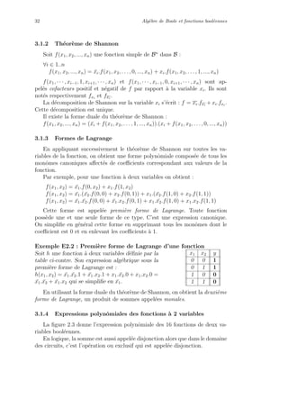 32 Alg`ebre de Boole et fonctions bool´eennes
3.1.2 Th´eor`eme de Shannon
Soit f(x1, x2, ..., xn) une fonction simple de Bn
dans B :
∀i ∈ 1..n
f(x1, x2, ..., xn) = ¯xi.f(x1, x2, . . . , 0, ..., xn) + xi.f(x1, x2, . . . , 1, ..., xn)
f(x1, · · · , xi−1, 1, xi+1, · · · , xn) et f(x1, · · · , xi−1, 0, xi+1, · · · , xn) sont ap-
pel´es cofacteurs positif et n´egatif de f par rapport `a la variable xi. Ils sont
not´es respectivement fxi
et fxi
.
La d´ecomposition de Shannon sur la variable xi s’´ecrit : f = xi.fxi
+ xi.fxi
.
Cette d´ecomposition est unique.
Il existe la forme duale du th´eor`eme de Shannon :
f(x1, x2, ..., xn) = ( ¯xi + f(x1, x2, . . . , 1, ..., xn)).(xi + f(x1, x2, . . . , 0, ..., xn))
3.1.3 Formes de Lagrange
En appliquant successivement le th´eor`eme de Shannon sur toutes les va-
riables de la fonction, on obtient une forme polynˆomiale compos´ee de tous les
monˆomes canoniques aﬀect´es de coeﬃcients correspondant aux valeurs de la
fonction.
Par exemple, pour une fonction `a deux variables on obtient :
f(x1, x2) = ¯x1.f(0, x2) + x1.f(1, x2)
f(x1, x2) = ¯x1.( ¯x2.f(0, 0) + x2.f(0, 1)) + x1.( ¯x2.f(1, 0) + x2.f(1, 1))
f(x1, x2) = ¯x1. ¯x2.f(0, 0) + ¯x1.x2.f(0, 1) + x1. ¯x2.f(1, 0) + x1.x2.f(1, 1)
Cette forme est appel´ee premi`ere forme de Lagrange. Toute fonction
poss`ede une et une seule forme de ce type. C’est une expression canonique.
On simpliﬁe en g´en´eral cette forme en supprimant tous les monˆomes dont le
coeﬃcient est 0 et en enlevant les coeﬃcients `a 1.
Exemple E2.2 : Premi`ere forme de Lagrange d’une fonction
Soit h une fonction `a deux variables d´eﬁnie par la
table ci-contre. Son expression alg´ebrique sous la
premi`ere forme de Lagrange est :
h(x1, x2) = ¯x1. ¯x2.1 + ¯x1.x2.1 + x1. ¯x2.0 + x1.x2.0 =
¯x1. ¯x2 + ¯x1.x2 qui se simpliﬁe en ¯x1.
x1 x2 y
0 0 1
0 1 1
1 0 0
1 1 0
En utilisant la forme duale du th´eor`eme de Shannon, on obtient la deuxi`eme
forme de Lagrange, un produit de sommes appel´ees monales.
3.1.4 Expressions polynˆomiales des fonctions `a 2 variables
La ﬁgure 2.3 donne l’expression polynˆomiale des 16 fonctions de deux va-
riables bool´eennes.
En logique, la somme est aussi appel´ee disjonction alors que dans le domaine
des circuits, c’est l’op´eration ou exclusif qui est appel´ee disjonction.
 
