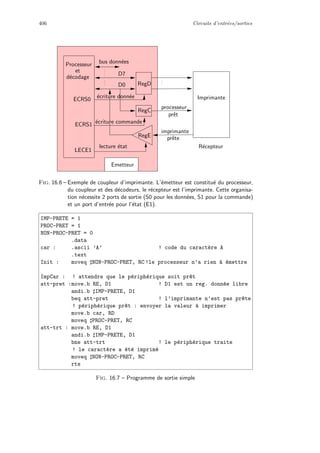 406 Circuits d’entr´ees/sorties
RegD
RegC
D7
D0
Emetteur
ECRS0
´ecriture commande
´ecriture donn´ee
lecture ´etat
bus donn´ees
imprimante
prˆete
processeur
prˆet
R´ecepteur
Imprimante
Processeur
et
d´ecodage
LECE1
ECRS1
RegE
Fig. 16.6 – Exemple de coupleur d’imprimante. L’´emetteur est constitu´e du processeur,
du coupleur et des d´ecodeurs, le r´ecepteur est l’imprimante. Cette organisa-
tion n´ecessite 2 ports de sortie (S0 pour les donn´ees, S1 pour la commande)
et un port d’entr´ee pour l’´etat (E1).
IMP-PRETE = 1
PROC-PRET = 1
NON-PROC-PRET = 0
.data
car : .ascii ’A’ ! code du caract`ere A
.text
Init : moveq NON-PROC-PRET, RC !le processeur n’a rien `a ´emettre
ImpCar : ! attendre que le p´eriph´erique soit pr^et
att-pret :move.b RE, D1 ! D1 est un reg. donn´ee libre
andi.b IMP-PRETE, D1
beq att-pret ! l’imprimante n’est pas pr^ete
! p´eriph´erique pr^et : envoyer la valeur `a imprimer
move.b car, RD
moveq PROC-PRET, RC
att-trt : move.b RE, D1
andi.b IMP-PRETE, D1
bne att-trt ! le p´eriph´erique traite
! le caract`ere a ´et´e imprim´e
moveq NON-PROC-PRET, RC
rts
Fig. 16.7 – Programme de sortie simple
 