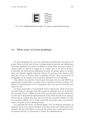 4. Pour aller plus loin... 433
0x3E
0x20
0x20
0x3C
0x20
0x20
0x3E
0x00
0x00
Fig. 17.5 – Repr´esentation de la lettre “E” dans un carr´e de 9 par 8 pixels
4.1 Pilote pour un ´ecran graphique
Un ´ecran graphique est un ´ecran cathodique constitu´e par une matrice de
points. Dans un ´ecran noir et blanc, `a chaque point est associ´ee une information
bool´eenne signiﬁant si le point est allum´e ou ´eteint. Pour un ´ecran couleur, `a
chaque point est associ´e le codage de sa couleur (sur 8, 16, 24 ou 32 bits).
L’ensemble des informations d´eﬁnissant la valeur de chaque point est stock´ee
dans une m´emoire appel´ee m´emoire d’´ecran. La gestion d’une image se fait
ainsi par lecture et ´ecriture dans la m´emoire d’´ecran. Nous avons parl´e au
paragraphe 4.5 du chapitre 9 de la gestion optimis´ee de cette m´emoire.
Pour aﬃcher un caract`ere, le processeur doit passer de son code ASCII `a sa
repr´esentation matricielle, `a recopier dans la m´emoire d’´ecran. La ﬁgure 17.5
illustre la repr´esentation d’un E majuscule dans un carr´e de neuf par huit
pixels de cˆot´e.
La forme matricielle a l’inconv´enient d’ˆetre volumineuse (neufs octets par
caract`ere dans cet exemple) mais elle permet de m´elanger du texte et des des-
sins. Lorsque l’´ecran n’aﬃche que du texte, la conversion peut ˆetre eﬀectu´ee `a
la vol´ee par le dispositif de rafraˆıchissement. Cela r´eduit la taille de la m´emoire
d’´ecran qui ne contient plus alors que les codes des caract`eres aﬃch´es, la table
de conversion ASCII vers la forme matricielle ´etant ﬁg´ee dans une m´emoire
morte. On parle d’´ecran alphanum´erique.
La connexion de l’´ecran est illustr´ee ﬁgure 17.6. La m´emoire principale, la
m´emoire ´ecran et les autres interfaces d’entr´ees/sorties sont reli´ees par le bus
m´emoire. En bas de la ﬁgure se trouvent les maˆıtres qui se partagent l’acc`es `a
la m´emoire d’´ecran : le processeur et l’unit´e de rafraˆıchissement.
 