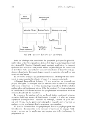 434 Pilotes de p´eriph´eriques
P´eriph´eriques
caract`ere
Ecran
cathodique
graphique
Acc´el´erateur
Rafraˆıchissement
DMA de
Bus M´emoire
M´emoire d’´ecran Entr´ees/Sorties M´emoire principale
Processeur
Fig. 17.6 – connexion d’un ´ecran avec ses m´emoires
Pour un aﬃchage plus performant, les primitives grahiques les plus cou-
rantes (dont le trac´e de segments de droites et de ﬁgures g´eom´etriques) peuvent
ˆetre cˆabl´ees (Cf. Chapitre 11) et d´el´egu´ees `a un circuit acc´el´erateur. Le bus peut
´egalement ˆetre scind´e en deux parties (c´esure en pointill´e) par des connexions
de type trois ´etats, pour autoriser des acc`es simultan´es de l’acc´el´erateur gra-
phique `a la m´emoire d’´ecran et du processeur `a la m´emoire principale ou aux
autres entr´ees/sorties.
Le processeur principal qui g´en`ere l’information `a aﬃcher peut donc adres-
ser de la mˆeme mani`ere la m´emoire d’´ecran et la m´emoire principale.
A l’oppos´e, l’ensemble de la ﬁgure 17.6 peut constituer un terminal gra-
phique intelligent. Le dialogue avec le terminal sera en r´ealit´e un ´echange
entre deux ordinateurs : le syst`eme informatique central qui d´ecide d’aﬃcher
quelque chose et l’ordinateur interne d´edi´e du terminal. Ces deux ordinateurs
se consid`ereront l’un l’autre comme des p´eriph´eriques ordinaires de sortie et
d’entr´ee, transf´erant des caract`eres.
Le processeur du terminal ex´ecute une boucle inﬁnie consistant `a attendre
un ordre d’aﬃchage venant de l’ordinateur principal et `a eﬀectuer ensuite
l’op´eration correspondante : dessiner un rectangle, allumer tel pixel, eﬀa-
cer tout l’´ecran, etc. Le processeur principal se contente alors d’envoyer les
quelques octets repr´esentant l’ordre graphique correspondant.
La syntaxe de commande des p´eriph´eriques de sortie graphique peut ˆetre
tr`es ´elabor´ee : la complexit´e et la puissance d’expression du langage post-
script, reconnu par de nombreuses imprimantes, sont celles des langages de
programmation.
 