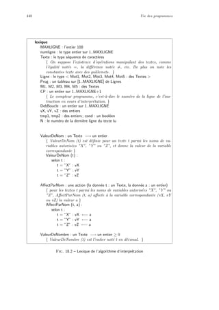440 Vie des programmes
lexique
MAXLIGNE : l’entier 100
numligne : le type entier sur 1..MAXLIGNE
Texte : le type s´equence de caract`eres
{ On suppose l’existence d’op´erations manipulant des textes, comme
l’´egalit´e not´ee =, la diﬀ´erence not´ee =, etc. De plus on note les
constantes texte avec des guillemets. }
Ligne : le type  Mot1, Mot2, Mot3, Mot4, Mot5 : des Textes 
Prog : un tableau sur [1..MAXLIGNE] de Lignes
M1, M2, M3, M4, M5 : des Textes
CP : un entier sur 1..MAXLIGNE+1
{ Le compteur programme, c’est-`a-dire le num´ero de la ligne de l’ins-
truction en cours d’interpr´etation. }
DebBoucle : un entier sur 1..MAXLIGNE
vX, vY, vZ : des entiers
tmp1, tmp2 : des entiers ; cond : un bool´een
N : le num´ero de la derni`ere ligne du texte lu
ValeurDeNom : un Texte −→ un entier
{ ValeurDeNom (t) est d´eﬁnie pour un texte t parmi les noms de va-
riables autoris´ees ”X”, ”Y” ou ”Z”, et donne la valeur de la variable
correspondante }
ValeurDeNom (t) :
selon t :
t = ”X” : vX
t = ”Y” : vY
t = ”Z” : vZ
AﬀectParNom : une action (la donn´ee t : un Texte, la donn´ee a : un entier)
{ pour les textes t parmi les noms de variables autoris´ees ”X”, ”Y” ou
”Z”, AﬀectParNom (t, a) aﬀecte `a la variable correspondante (vX, vY
ou vZ) la valeur a }
AﬀectParNom (t, a) :
selon t :
t = ”X” : vX ←− a
t = ”Y” : vY ←− a
t = ”Z” : vZ ←− a
ValeurDeNombre : un Texte −→ un entier ≥ 0
{ ValeurDeNombre (t) est l’entier not´e t en d´ecimal. }
Fig. 18.2 – Lexique de l’algorithme d’interpr´etation
 