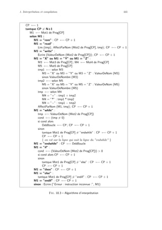 1. Interpr´etation et compilation 441
CP ←− 1
tantque CP = N+1
M1 ←− Mot1 de Prog[CP]
selon M1 :
M1 = ”rem” : CP ←− CP + 1
M1 = ”read” :
Lire (tmp) ; AﬀectParNom (Mot2 de Prog[CP], tmp) ; CP ←− CP + 1
M1 = ”write” :
Ecrire (ValeurDeNom (Mot2 de Prog[CP])) ; CP ←− CP + 1
M1 = ”X” ou M1 = ”Y” ou M1 = ”Z” :
M3 ←− Mot3 de Prog[CP] ; M4 ←− Mot4 de Prog[CP]
M5 ←− Mot5 de Prog[CP]
tmp1 ←− selon M3
M3 = ”X” ou M3 = ”Y” ou M3 = ”Z” : ValeurDeNom (M3)
sinon ValeurDeNombre (M3)
tmp2 ←− selon M5
M5 = ”X” ou M5 = ”Y” ou M5 = ”Z” : ValeurDeNom (M5)
sinon ValeurDeNombre (M5)
tmp ←− selon M4
M4 = ”+” : tmp1 + tmp2
M4 = ”*” : tmp1 * tmp2
M4 = ”−” : tmp1 − tmp2
AﬀectParNom (M1, tmp) ; CP ←− CP + 1
M1 = ”while” :
tmp ←− ValeurDeNom (Mot2 de Prog[CP])
cond ←− (tmp = 0)
si cond alors
DebBoucle ←− CP ; CP ←− CP + 1
sinon
tantque Mot1 de Prog[CP] = ”endwhile” : CP ←− CP + 1
CP ←− CP + 1
{ on est sur la ligne qui suit la ligne du ”endwhile” }
M1 = ”endwhile” : CP ←− DebBoucle
M1 = ”if” :
cond ←− (ValeurDeNom (Mot2 de Prog[CP]))  0
si cond alors CP ←− CP + 1
sinon
tantque Mot1 de Prog[CP] = ”else” : CP ←− CP + 1
CP ←− CP + 1
M1 = ”then” : CP ←− CP + 1
M1 = ”else” :
tantque Mot1 de Prog[CP] = ”endif” : CP ←− CP + 1
M1 = ”endif” : CP ←− CP + 1
sinon : Ecrire (”Erreur : instruction inconnue :”, M1)
Fig. 18.3 – Algorithme d’interpr´etation
 