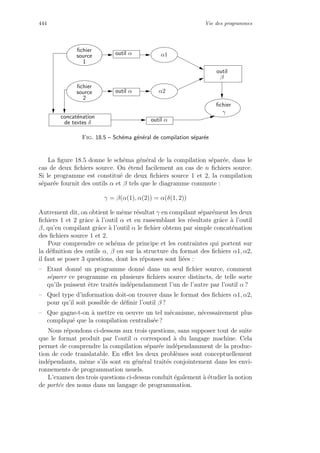 444 Vie des programmes
ﬁchier
source
1
ﬁchier
source
2
ﬁchier
γ
α1outil α
outil α α2
outil
β
concat´enation
de textes δ outil α
Fig. 18.5 – Sch´ema g´en´eral de compilation s´epar´ee
La ﬁgure 18.5 donne le sch´ema g´en´eral de la compilation s´epar´ee, dans le
cas de deux ﬁchiers source. On ´etend facilement au cas de n ﬁchiers source.
Si le programme est constitu´e de deux ﬁchiers source 1 et 2, la compilation
s´epar´ee fournit des outils α et β tels que le diagramme commute :
γ = β(α(1), α(2)) = α(δ(1, 2))
Autrement dit, on obtient le mˆeme r´esultat γ en compilant s´epar´ement les deux
ﬁchiers 1 et 2 grˆace `a l’outil α et en rassemblant les r´esultats grˆace `a l’outil
β, qu’en compilant grˆace `a l’outil α le ﬁchier obtenu par simple concat´enation
des ﬁchiers source 1 et 2.
Pour comprendre ce sch´ema de principe et les contraintes qui portent sur
la d´eﬁnition des outils α, β ou sur la structure du format des ﬁchiers α1, α2,
il faut se poser 3 questions, dont les r´eponses sont li´ees :
– Etant donn´e un programme donn´e dans un seul ﬁchier source, comment
s´eparer ce programme en plusieurs ﬁchiers source distincts, de telle sorte
qu’ils puissent ˆetre trait´es ind´ependamment l’un de l’autre par l’outil α ?
– Quel type d’information doit-on trouver dans le format des ﬁchiers α1, α2,
pour qu’il soit possible de d´eﬁnir l’outil β ?
– Que gagne-t-on `a mettre en oeuvre un tel m´ecanisme, n´ecessairement plus
compliqu´e que la compilation centralis´ee ?
Nous r´epondons ci-dessous aux trois questions, sans supposer tout de suite
que le format produit par l’outil α correspond `a du langage machine. Cela
permet de comprendre la compilation s´epar´ee ind´ependamment de la produc-
tion de code translatable. En eﬀet les deux probl`emes sont conceptuellement
ind´ependants, mˆeme s’ils sont en g´en´eral trait´es conjointement dans les envi-
ronnements de programmation usuels.
L’examen des trois questions ci-dessus conduit ´egalement `a ´etudier la notion
de port´ee des noms dans un langage de programmation.
 