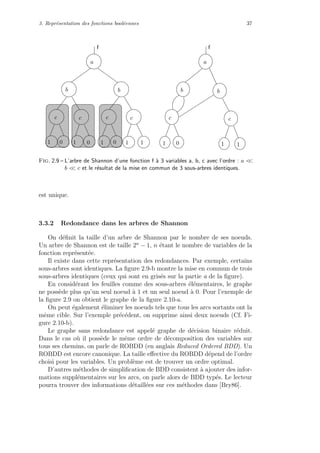 3. Repr´esentation des fonctions bool´eennes 37
f
1101
c c
bb
a
f
001 1 1 0 1 1
a
bb
c c c c
Fig. 2.9 – L’arbre de Shannon d’une fonction f `a 3 variables a, b, c avec l’ordre : a <<
b << c et le r´esultat de la mise en commun de 3 sous-arbres identiques.
est unique.
3.3.2 Redondance dans les arbres de Shannon
On d´eﬁnit la taille d’un arbre de Shannon par le nombre de ses noeuds.
Un arbre de Shannon est de taille 2n
− 1, n ´etant le nombre de variables de la
fonction repr´esent´ee.
Il existe dans cette repr´esentation des redondances. Par exemple, certains
sous-arbres sont identiques. La ﬁgure 2.9-b montre la mise en commun de trois
sous-arbres identiques (ceux qui sont en gris´es sur la partie a de la ﬁgure).
En consid´erant les feuilles comme des sous-arbres ´el´ementaires, le graphe
ne poss`ede plus qu’un seul noeud `a 1 et un seul noeud `a 0. Pour l’exemple de
la ﬁgure 2.9 on obtient le graphe de la ﬁgure 2.10-a.
On peut ´egalement ´eliminer les noeuds tels que tous les arcs sortants ont la
mˆeme cible. Sur l’exemple pr´ec´edent, on supprime ainsi deux noeuds (Cf. Fi-
gure 2.10-b).
Le graphe sans redondance est appel´e graphe de d´ecision binaire r´eduit.
Dans le cas o`u il poss`ede le mˆeme ordre de d´ecomposition des variables sur
tous ses chemins, on parle de ROBDD (en anglais Reduced Ordered BDD). Un
ROBDD est encore canonique. La taille eﬀective du ROBDD d´epend de l’ordre
choisi pour les variables. Un probl`eme est de trouver un ordre optimal.
D’autres m´ethodes de simpliﬁcation de BDD consistent `a ajouter des infor-
mations suppl´ementaires sur les arcs, on parle alors de BDD typ´es. Le lecteur
pourra trouver des informations d´etaill´ees sur ces m´ethodes dans [Bry86].
 