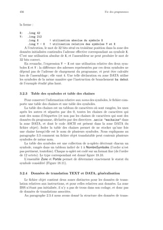 456 Vie des programmes
la forme :
X: .long 42
Y: .long 212
.long X ! utilisation absolue du symbole X
.long Y - X ! utilisation relative des symboles Y et X
A l’ex´ecution, le mot de 32 bits situ´e en troisi`eme position dans la zone des
donn´ees initialis´ees contiendra l’adresse eﬀective correspondant au symbole X.
C’est une utilisation absolue de X, et l’assembleur ne peut produire le mot de
32 bits correct.
En revanche, l’expression Y - X est une utilisation relative des deux sym-
boles X et Y : la diﬀ´erence des adresses repr´esent´ees par ces deux symboles ne
d´epend pas de l’adresse de chargement du programme, et peut ˆetre calcul´ee
lors de l’assemblage ; elle vaut 4. Une telle d´eclaration en zone DATA utilise
les symboles de la mˆeme mani`ere que l’instruction de branchement ba debut
de l’exemple ´etudi´e plus haut.
3.2.3 Table des symboles et table des chaˆınes
Pour conserver l’information relative aux noms des symboles, le ﬁchier com-
porte une table des chaˆınes et une table des symboles.
La table des chaˆınes est un tableau de caract`eres o`u sont rang´ees, les unes
apr`es les autres et s´epar´ees par des 0, toutes les chaˆınes de caract`eres qui
sont des noms d’´etiquettes (et non pas les chaˆınes de caract`eres qui sont des
donn´ees du programme, d´eclar´ees par des directives .asciz machaine dans
la zone DATA, et dont le code ASCII est pr´esent dans la zone DATA du
ﬁchier objet). Isoler la table des chaˆınes permet de ne stocker qu’une fois
une chaˆıne lorsqu’elle est le nom de plusieurs symboles. Nous expliquons au
paragraphe 3.3 comment un ﬁchier objet translatable peut contenir plusieurs
symboles de mˆeme nom.
La table des symboles est une collection de n-uplets d´ecrivant chacun un
symbole, rang´es dans un tableau indic´e de 1 `a NombreSymboles (l’ordre n’est
pas pertinent, toutefois). Chaque n-uplet est cod´e sur un format ﬁxe (de l’ordre
de 12 octets). Le type correspondant est donn´e ﬁgure 18.10.
L’ensemble Zone et Port´ee permet de d´eterminer exactement le statut du
symbole consid´er´e (Figure 18.11).
3.2.4 Donn´ees de translation TEXT et DATA, g´en´eralisation
Le ﬁchier objet contient deux zones distinctes pour les donn´ees de trans-
lation relatives aux instructions, et pour celles relatives aux donn´ees. La zone
BSS n’´etant pas initialis´ee, il n’y a pas de trous dans son codage, et donc pas
de donn´ees de translations associ´ees.
Au paragraphe 2.3.4 nous avons donn´e la structure des donn´ees de trans-
 