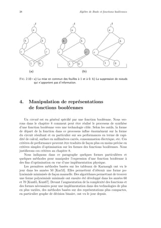 38 Alg`ebre de Boole et fonctions bool´eennes
f
a
b
c c
b
1 0
f
a
b
c c
b
1 0
f
a
c
b
01
(b)(a)
Fig. 2.10 – a) La mise en commun des feuilles `a 1 et `a 0. b) La suppression de noeuds
qui n’apportent pas d’information.
4. Manipulation de repr´esentations
de fonctions bool´eennes
Un circuit est en g´en´eral sp´eciﬁ´e par une fonction bool´eenne. Nous ver-
rons dans le chapitre 8 comment peut ˆetre r´ealis´e le processus de synth`ese
d’une fonction bool´eenne vers une technologie cible. Selon les outils, la forme
de d´epart de la fonction dans ce processus inﬂue ´enorm´ement sur la forme
du circuit r´esultant et en particulier sur ses performances en terme de rapi-
dit´e de calcul, surface en millim`etres carr´es, consommation ´electrique, etc. Ces
crit`eres de performance peuvent ˆetre traduits de fa¸con plus ou moins pr´ecise en
crit`eres simples d’optimisation sur les formes des fonctions bool´eennes. Nous
justiﬁerons ces crit`eres au chapitre 8.
Nous indiquons dans ce paragraphe quelques formes particuli`eres et
quelques m´ethodes pour manipuler l’expression d’une fonction bool´eenne `a
des ﬁns d’optimisation en vue d’une impl´ementation physique.
Les premi`eres m´ethodes bas´ees sur les tableaux de Karnaugh ont vu le
jour dans les ann´ees 50 [Kar53]. Elles permettent d’obtenir une forme po-
lynˆomiale minimis´ee de fa¸con manuelle. Des algorithmes permettant de trouver
une forme polynˆomiale minimale ont ensuite ´et´e d´evelopp´e dans les ann´ees 60
et 70 [Kun65, Kun67]. Devant l’augmentation de la complexit´e des fonctions et
des formes n´ecessaires pour une impl´ementation dans des technologies de plus
en plus vari´ees, des m´ethodes bas´ees sur des repr´esentations plus compactes,
en particulier graphe de d´ecision binaire, ont vu le jour depuis.
 