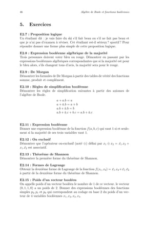 46 Alg`ebre de Boole et fonctions bool´eennes
5. Exercices
E2.7 : Proposition logique
Un ´etudiant dit : je vais faire du ski s’il fait beau ou s’il ne fait pas beau et
que je n’ai pas d’examen `a r´eviser. Cet ´etudiant est-il s´erieux ? sportif ? Pour
r´epondre donner une forme plus simple de cette proposition logique.
E2.8 : Expression bool´eenne alg´ebrique de la majorit´e
Trois personnes doivent voter bleu ou rouge. D´emontrer en passant par les
expressions bool´eennes alg´ebriques correspondantes que si la majorit´e est pour
le bleu alors, s’ils changent tous d’avis, la majorit´e sera pour le rouge.
E2.9 : De Morgan
D´emontrer les formules de De Morgan `a partir des tables de v´erit´e des fonctions
somme, produit et compl´ement.
E2.10 : R`egles de simpliﬁcation bool´eenne
D´emontrer les r`egles de simpliﬁcation suivantes `a partir des axiomes de
l’alg`ebre de Boole.
a + a.b = a
a + ¯a.b = a + b
a.b + ¯a.b = b
a.b + ¯a.c + b.c = a.b + ¯a.c
E2.11 : Expression bool´eenne
Donner une expression bool´eenne de la fonction f(a, b, c) qui vaut 1 si et seule-
ment si la majorit´e de ses trois variables vaut 1.
E2.12 : Ou exclusif
D´emontrer que l’op´erateur ou-exclusif (not´e ⊕) d´eﬁni par x1 ⊕ x2 = ¯x1.x2 +
x1. ¯x2 est associatif.
E2.13 : Th´eor`eme de Shannon
D´emontrer la premi`ere forme du th´eor`eme de Shannon.
E2.14 : Formes de Lagrange
Obtenir la deuxi`eme forme de Lagrange de la fonction f(x1, x2) = ¯x1.x2 + ¯x1. ¯x2
`a partir de la deuxi`eme forme du th´eor`eme de Shannon.
E2.15 : Poids d’un vecteur bool´een
On appelle poids d’un vecteur bool´een le nombre de 1 de ce vecteur. le vecteur
(0, 1, 1, 0) a un poids de 2. Donner des expressions bool´eennes des fonctions
simples p2, p1 et p0 qui correspondent au codage en base 2 du poids d’un vec-
teur de 4 variables bool´eennes x1, x2, x3, x4.
 