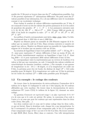 50 Repr´esentation des grandeurs
semble des N ﬁls peut se trouver dans une des 2N
conﬁgurations possibles. Les
N ﬁls peuvent repr´esenter 2N
informations diﬀ´erentes. On parle aussi des 2N
valeurs possibles d’une information. Il y a l`a une diﬀ´erence entre le vocabulaire
courant et un vocabulaire technique.
Pour ´evaluer le nombre de valeurs diﬀ´erentes repr´esentables sur N bits, il
est commode d’avoir en tˆete les valeurs des petites puissances de 2 et les ordres
de grandeurs des grandes : 20
= 1 ; 21
= 2. Les puissances suivantes sont
4, 8, 16, 32, 64, 128, 28
= 256 et 210
= 1024. Comme 1000 est proche de
1024, il est facile de compl´eter la suite : 210
≈ 103
, 220
≈ 106
, 230
≈ 109
,
240
≈ 1012
.
Les pr´eﬁxes d’unit´es correspondants sont kilo, m´ega, giga, t´era. Un kilo-
bit correspond donc `a 1024 bits et non `a 1000 bits.
Rep´erer un ´el´ement parmi un ensemble de 256 ´el´ements suppose de le lo-
caliser par un num´ero cod´e sur 8 bits. Dans certains contextes ce num´ero est
appel´e une adresse. Rep´erer un ´el´ement parmi un ensemble de 4 giga-´el´ements
suppose de le localiser par un num´ero cod´e sur 32 bits.
La notation de logarithme `a base 2 est parfois utilis´ee : si 2N
= M, log2 M =
N ; ainsi pour repr´esenter P valeurs diﬀ´erentes il faut au moins R bits, o`u
R est l’entier imm´ediatement sup´erieur au logarithme `a base 2 de P. Ainsi
log2 2048 = 11 et pour repr´esenter 2050 valeurs diﬀ´erentes il faut 12 bits.
La correspondance entre la repr´esentation par un vecteur de bool´eens et la
valeur se fait par une convention, un code. L’ensemble des valeurs codables est
caract´eristique du domaine (nombres, couleurs...) Par exemple, si une gamme
de temp´erature va de - 10 `a + 40 degr´es, et si la temp´erature est cod´ee sur
9 bits, la pr´ecision peut ˆetre de l’ordre du dizi`eme de degr´e (29
= 512 codes
possibles pour 50 degr´es). Si la temp´erature est cod´ee sur 12 bits la pr´ecision
est de l’ordre du centi`eme (212
= 4096 codes possibles pour 50 degr´es).
1.2 Un exemple : le codage des couleurs
On trouve dans la documentation du micro-ordinateur Commodore 64 le
tableau de la ﬁgure 3.1 indiquant le code sur 4 bits b3b2b1b0 des 16 couleurs
aﬃchables par cette machine. On trouve dans la documentation de micro-
ordinateurs PC (carte CGA) le tableau de la ﬁgure 3.2, donnant un autre
codage.
La question Comment est repr´esent´e rouge ?, ou Que repr´esente 0 0 1 0 ?
n’a de sens que si le code est pr´ecis´e. De mˆeme, la conversion d’un code `a
l’autre n’a un sens que pour les couleurs qui sont repr´esent´ees dans les deux
codes (brun, bleu pˆale, ...).
Les deux couleurs noir et cyan ont le mˆeme codage dans les deux codes,
ce qui est fortuit. Dans le deuxi`eme code, chaque bit a une interpr´etation. Le
bit 3 correspond `a la pr´esence d’une composante pˆale, le bit 2 `a la pr´esence
d’une composante rouge, le bit 1 au vert et le bit 0 au bleu. On trouve souvent
le sigle RGB (Red, Green, Blue) dans ce contexte. Une telle interpr´etation
 