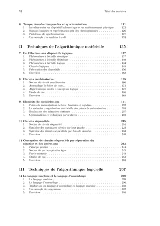VI Table des mati`eres
6 Temps, donn´ees temporelles et synchronisation 121
1. Interface entre un dispositif informatique et un environnement physique . . . 122
2. Signaux logiques et repr´esentation par des chronogrammes . . . . . . . . . . . 126
3. Probl`emes de synchronisation . . . . . . . . . . . . . . . . . . . . . . . . . . . 127
4. Un exemple : la machine `a caf´e . . . . . . . . . . . . . . . . . . . . . . . . . . 133
II Techniques de l’algorithmique mat´erielle 135
7 De l’´electron aux dispositifs logiques 137
1. Ph´enom`enes `a l’´echelle atomique . . . . . . . . . . . . . . . . . . . . . . . . . 137
2. Ph´enom`enes `a l’´echelle ´electrique . . . . . . . . . . . . . . . . . . . . . . . . . 140
3. Ph´enom`enes `a l’´echelle logique . . . . . . . . . . . . . . . . . . . . . . . . . . 143
4. Circuits logiques . . . . . . . . . . . . . . . . . . . . . . . . . . . . . . . . . . 148
5. Fabrication des dispositifs . . . . . . . . . . . . . . . . . . . . . . . . . . . . . 156
6. Exercices . . . . . . . . . . . . . . . . . . . . . . . . . . . . . . . . . . . . . . 162
8 Circuits combinatoires 165
1. Notion de circuit combinatoire . . . . . . . . . . . . . . . . . . . . . . . . . . 166
2. Assemblage de blocs de base... . . . . . . . . . . . . . . . . . . . . . . . . . . 173
3. Algorithmique cˆabl´ee : conception logique . . . . . . . . . . . . . . . . . . . . 178
4. Etude de cas . . . . . . . . . . . . . . . . . . . . . . . . . . . . . . . . . . . . 186
5. Exercices . . . . . . . . . . . . . . . . . . . . . . . . . . . . . . . . . . . . . . 188
9 El´ements de m´emorisation 191
1. Points de m´emorisation de bits : bascules et registres . . . . . . . . . . . . . . 192
2. La m´emoire : organisation matricielle des points de m´emorisation . . . . . . . 203
3. R´ealisation des m´emoires statiques . . . . . . . . . . . . . . . . . . . . . . . . 207
4. Optimisations et techniques particuli`eres . . . . . . . . . . . . . . . . . . . . . 210
10 Circuits s´equentiels 215
1. Notion de circuit s´equentiel . . . . . . . . . . . . . . . . . . . . . . . . . . . . 216
2. Synth`ese des automates d´ecrits par leur graphe . . . . . . . . . . . . . . . . . 222
3. Synth`ese des circuits s´equentiels par ﬂots de donn´ees . . . . . . . . . . . . . 233
4. Exercices . . . . . . . . . . . . . . . . . . . . . . . . . . . . . . . . . . . . . . 240
11 Conception de circuits s´equentiels par s´eparation du
contrˆole et des op´erations 243
1. Principe g´en´eral . . . . . . . . . . . . . . . . . . . . . . . . . . . . . . . . . . 244
2. Notion de partie op´erative type . . . . . . . . . . . . . . . . . . . . . . . . . . 245
3. Partie contrˆole . . . . . . . . . . . . . . . . . . . . . . . . . . . . . . . . . . . 249
4. Etudes de cas . . . . . . . . . . . . . . . . . . . . . . . . . . . . . . . . . . . . 253
5. Exercices . . . . . . . . . . . . . . . . . . . . . . . . . . . . . . . . . . . . . . 263
III Techniques de l’algorithmique logicielle 267
12 Le langage machine et le langage d’assemblage 269
1. Le langage machine . . . . . . . . . . . . . . . . . . . . . . . . . . . . . . . . . 270
2. Le langage d’assemblage . . . . . . . . . . . . . . . . . . . . . . . . . . . . . . 296
3. Traduction du langage d’assemblage en langage machine . . . . . . . . . . . . 302
4. Un exemple de programme . . . . . . . . . . . . . . . . . . . . . . . . . . . . 302
5. Exercices . . . . . . . . . . . . . . . . . . . . . . . . . . . . . . . . . . . . . . 308
 