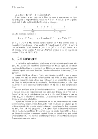 5. Les caract`eres 65
On a donc A ET (2P
− 1) = A modulo 2P
.
Si un naturel X est cod´e sur n bits, on peut le d´ecomposer en deux
naturels p et q, respectivement cod´es sur k et n − k bits. Si p est la partie
poids fort et q la partie poids faible, selon le tableau :
n − 1 n − k n − k − 1 0
p q
k bits n − k bits
on a les relations suivantes :
X = p × 2n−k
+ q, q = X modulo 2n−k
, p = X div 2n−k
Le ET, le OU et le OU exclusif sur les vecteurs de N bits servent aussi : `a
connaˆıtre le bit de rang i d’un nombre X (en calculant X ET 2i
) ; `a forcer `a
0 le bit de rang i d’un nombre X (par X ET (2N
− 1 − 2i
) ) ; `a forcer `a 1 le
bit de rang i d’un nombre X (par X OU 2i
) ; `a inverser le bit de rang i d’un
nombre X (par X OUEX 2i
).
5. Les caract`eres
Les caract`eres alphab´etiques, num´eriques, typographiques (parenth`ese, vir-
gule, etc.) et certains caract`eres non imprimables (ﬁn de ligne, ﬁn de ﬁchier,
etc.) sont habituellement repr´esent´es sur 7 bits selon un code normalis´e nomm´e
code ASCII pour American Standard Code for Information Interchange (Cf. Fi-
gure 3.6).
Le code ASCII est tel que : l’entier repr´esentant un chiﬀre vaut la valeur
du chiﬀre plus 48 ; les entiers correspondant aux codes de deux lettres sont
ordonn´es comme les deux lettres dans l’alphabet si les deux lettres sont toutes
les deux en majuscules ou en minuscules ; la diﬀ´erence entre le code d’une
majuscule et de la minuscule correspondante est 32, c’est-`a-dire une puissance
de 2.
Sur une machine unix la commande man ascii fournit en hexad´ecimal
le tableau des codes correspondant aux caract`eres. Comme on le voit sur la
ﬁgure 3.6, 2316 est le code hexad´ecimal de # et 2016 celui de l’espace ; del, de
code 7F16, est le caract`ere d’eﬀacement. Les codes inf´erieurs `a 1F repr´esentent
des caract`eres non aﬃchables.
Ce code ne permet pas de repr´esenter les lettres accompagn´ees de diacri-
tiques (accents, c´edille, tr´ema, tilde, petit rond, etc.) dans les langues qui les
utilisent (c’est-`a-dire presque toutes les langues europ´eennes !). Des extensions
`a 8 bits, puis `a 16 sont propos´ees (UNICODE), mais les standards sont diﬃ-
ciles `a ´etablir. Le probl`eme de pouvoir coder en binaire l’ensemble de toutes
les formes ´ecrites des principales langues ´ecrites du monde n’est pas encore
totalement r´esolu. Cela pose de nombreux probl`emes lors des transmissions de
ﬁchiers contenant des textes.
 