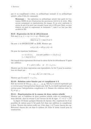 7. Exercices 71
pur et en compl´ement `a deux, en arithm´etique normale et en arithm´etique
satur´ee, selon 3 bits de commande.
Remarque : Les op´erations en arithm´etique satur´ee font partir de l’ex-
tension MMX du jeu d’instruction des processeurs pentium de intel. Elles
servent notamment en repr´esentation des images. Si un octet repr´esente le
niveau de gris d’un pixel, par exemple 0 pour noir et 255 pour blanc, on peut
´eclaircir un pixel en augmentant sa luminosit´e 2, mais il ne faut pas aller
au-del`a de 255.
E3.9 : Expression du bit de d´ebordement
Soit maj (x, y, z) = x.y + x.z + y.z. Montrer que
maj (x, y, z) = maj (x, y, z)
On note ⊕ le OUEXCLUSIF ou XOR. Montrer que
a.b.(a ⊕ b) = a.b.(a ⊕ b) = 0
On pose les ´equations bool´eennes :
s = a ⊕ b ⊕ re (on note parfois s = ⊕(a, b, re))
rs = maj (a, b, re)
On connaˆıt deux expressions d´ecrivant la valeur du bit de d´ebordement V apr`es
une addition :
V = a.b.s + a.b.s et V = rs ⊕ re
Montrer que les deux expressions sont ´equivalentes. Le bit V pour la soustrac-
tion est donn´e par :
V = aN−1.bN−1.s + aN−1.bN−1.s
Montrer que l`a aussi V = rs ⊕ re.
E3.10 : Relation entre binaire pur et compl´ement `a 2
Soit un vecteur de bits yN−1 yN−2, . . . , y1 y0. Soit Yb le naturel repr´esent´e par
ce vecteur pour l’interpr´etation binaire pur. Soit Yc2 le relatif repr´esent´e par ce
vecteur pour l’interpr´etation compl´ement `a 2. Donner des relations entre Yb,
Yc2 et yN−1.
E3.11 : Repr´esentation de la somme de deux entiers relatifs
Montrer que, si l’addition de deux nombres relatifs cod´es en compl´ement `a
deux d´eborde, alors la retenue C est l’inverse du bit de signe : V =⇒ C = (N)
La ﬁgure 3.9 donne quelques ´el´ements de r´eponse. On y repr´esente les 8 cas
possibles de valeurs pour le bit poids fort dans une addition en compl´ement
`a deux. Trouver des entiers cod´es sur 4 bits dans [−8, 7] pour chacun des cas.
Retrouver chacun des cas dans le tableau 3.8. Faire le mˆeme travail pour la
soustraction.
 