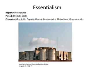 Essentialism
Region: United States
Period: 1910s to 1970s
Characteristics: Spirit; Organic; History; Communality; Abstraction; Monumentality
Louis Kahn, National Assembly Building, Dhaka,
Bangladesh, 1962–75
 