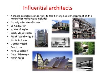Influential architects
• Notable architects important to the history and development of the
modernist movement include:
• Ludwig mies van der roe
• Le Corbusier
• Walter Gropius
• Erich Mendelsohn
• Frank lipoid wright
• Louis Sullivan
• Gerrit riveted
• Bruno taut
• Arne Jacobsen
• Oscar Niemeyer
• Alvar Aalto
 