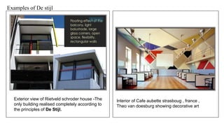 Exterior view of Rietveld schroder house -The
only building realised completely according to
the principles of De Stijl.
Interior of Cafe aubette strasboug , france ,
Theo van doesburg showing decorative art
Examples of De stijl
 