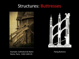 Structures:  Buttresses Flying Buttress Example: Cathedral de Notre Dame, Paris,  1163-1345 CE. 