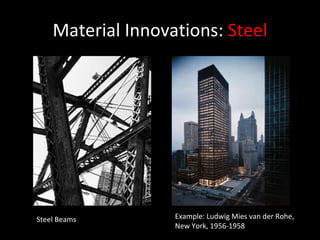 Material Innovations:  Steel Steel Beams Example: Ludwig Mies van der Rohe,  New York, 1956-1958 