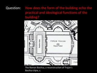 Question: How does the form of the building echo the  practical and ideological functions of the  building? The Roman Basilica, a reconstruction of Trajan’s Basilica Ulpia, c.  