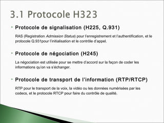  Protocole de signalisation (H225, Q.931)
RAS (Registration Admission Status) pour l’enregistrement et l’authentification, et le
protocole Q.931pour l’initialisation et le contrôle d’appel.
 Protocole de négociation (H245)
La négociation est utilisée pour se mettre d’accord sur la façon de coder les
informations qu’on va s’échanger.
 Protocole de transport de l’information (RTP/RTCP)
RTP pour le transport de la voix, la vidéo ou les données numérisées par les
codecs, et le protocole RTCP pour faire du contrôle de qualité.
 