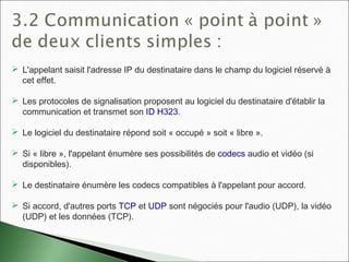  L'appelant saisit l'adresse IP du destinataire dans le champ du logiciel réservé à
cet effet.
 Les protocoles de signalisation proposent au logiciel du destinataire d'établir la
communication et transmet son ID H323.
 Le logiciel du destinataire répond soit « occupé » soit « libre ».
 Si « libre », l'appelant énumère ses possibilités de codecs audio et vidéo (si
disponibles).
 Le destinataire énumère les codecs compatibles à l'appelant pour accord.
 Si accord, d'autres ports TCP et UDP sont négociés pour l'audio (UDP), la vidéo
(UDP) et les données (TCP).
 
