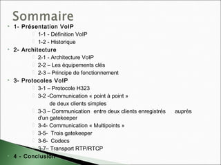  1- Présentation VoIP
 1-1 - Définition VoIP
 1-2 - Historique
 2- Architecture
 2-1 - Architecture VoIP
 2-2 – Les équipements clés
 2-3 – Principe de fonctionnement
 3- Protocoles VoIP
 3-1 – Protocole H323
 3-2 -Communication « point à point »
de deux clients simples
 3-3 – Communication  entre deux clients enregistrés auprès
d'un gatekeeper
 3-4- Communication « Multipoints »
 3-5-  Trois gatekeeper
 3-6- Codecs
 3-7– Transport RTP/RTCP
 4 - Conclusion
 