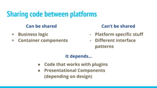 Can be shared
+ Business logic
+ Container components
Sharing code between platforms
Can’t be shared
- Platform specific stuff
- Different interface
patterns
It depends...
● Code that works with plugins
● Presentational Components
(depending on design)
 