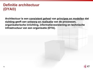 Definitie architectuur
(DYA®)

     Architectuur is een consistent geheel van principes en modellen dat
     richting geeft aan ontwerp en realisatie van de processen,
     organisatorische inrichting, informatievoorziening en technische
     infrastructuur van een organisatie (DYA).




10
 