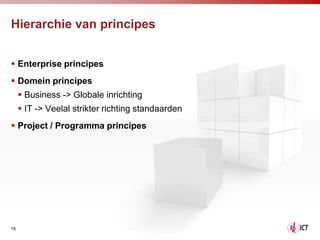 Hierarchie van principes


 Enterprise principes
 Domein principes
      Business -> Globale inrichting
      IT -> Veelal strikter richting standaarden
 Project / Programma principes




15
 