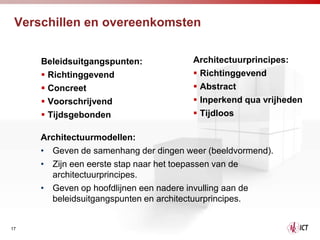 Verschillen en overeenkomsten


     Beleidsuitgangspunten:            Architectuurprincipes:
      Richtinggevend                   Richtinggevend
      Concreet                         Abstract
      Voorschrijvend                   Inperkend qua vrijheden
      Tijdsgebonden                    Tijdloos

     Architectuurmodellen:
     • Geven de samenhang der dingen weer (beeldvormend).
     • Zijn een eerste stap naar het toepassen van de
       architectuurprincipes.
     • Geven op hoofdlijnen een nadere invulling aan de
       beleidsuitgangspunten en architectuurprincipes.


17
 