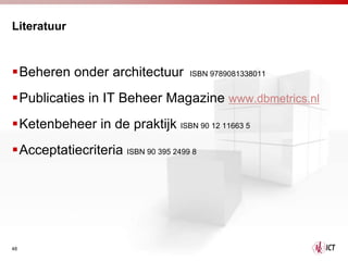 Literatuur


Beheren onder architectuur         ISBN 9789081338011


Publicaties in IT Beheer Magazine www.dbmetrics.nl
Ketenbeheer in de praktijk ISBN 90 12 11663 5
Acceptatiecriteria ISBN 90 395 2499 8




48
 
