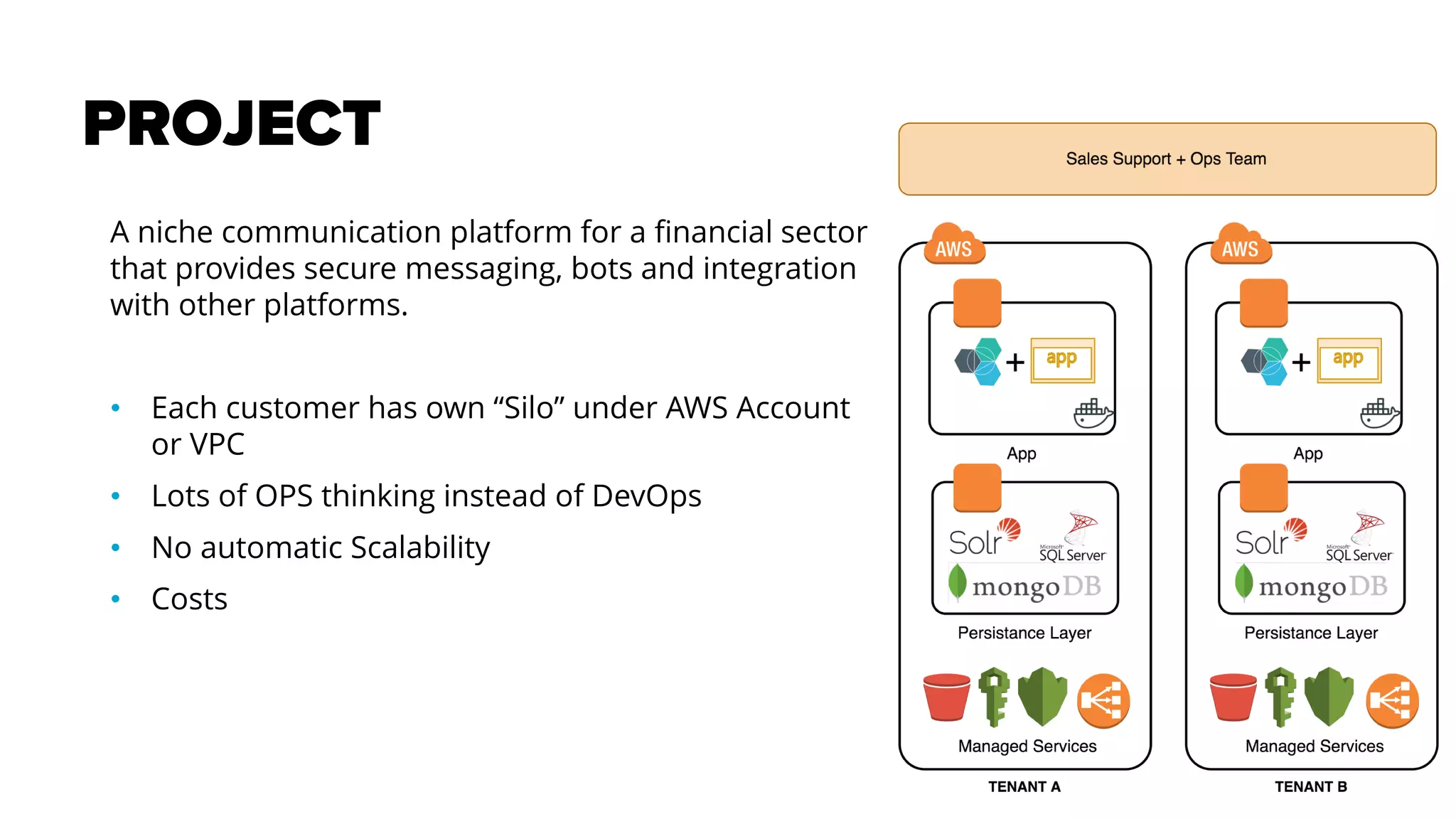 PROJECT
A niche communication platform for a financial sector
that provides secure messaging, bots and integration
with other platforms.
• Each customer has own “Silo” under AWS Account
or VPC
• Lots of OPS thinking instead of DevOps
• No automatic Scalability
• Costs
 