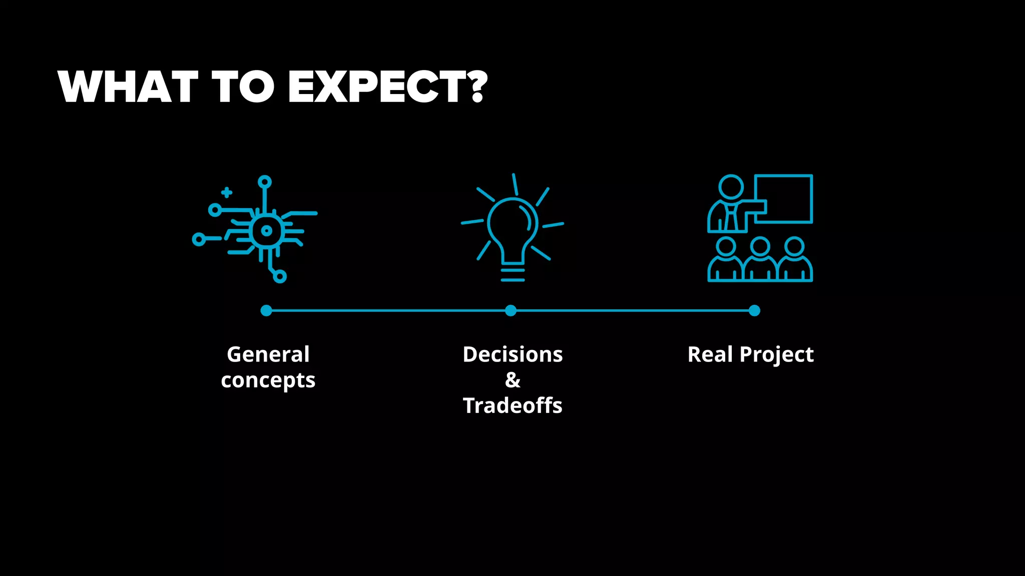 WHAT TO EXPECT?
General
concepts
Decisions
&
Tradeoffs
Real Project
 