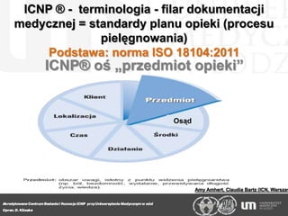 ICNP ® - terminologia - filar dokumentacji
medycznej = standardy planu opieki (procesu
pielęgnowania)
Podstawa: norma ISO ...