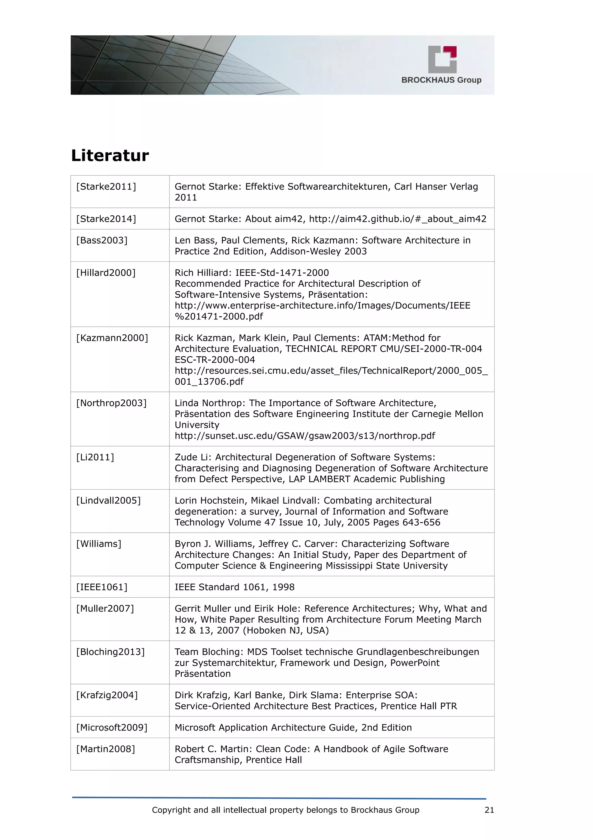 Literatur
[Starke2011] Gernot Starke: Effektive Softwarearchitekturen, Carl Hanser Verlag
2011
[Starke2014] Gernot Starke: About aim42, http://aim42.github.io/#_about_aim42
[Bass2003] Len Bass, Paul Clements, Rick Kazmann: Software Architecture in
Practice 2nd Edition, Addison-Wesley 2003
[Hillard2000] Rich Hilliard: IEEE-Std-1471-2000
Recommended Practice for Architectural Description of
Software-Intensive Systems, Präsentation:
http://www.enterprise-architecture.info/Images/Documents/IEEE
%201471-2000.pdf
[Kazmann2000] Rick Kazman, Mark Klein, Paul Clements: ATAM:Method for
Architecture Evaluation, TECHNICAL REPORT CMU/SEI-2000-TR-004
ESC-TR-2000-004
http://resources.sei.cmu.edu/asset_files/TechnicalReport/2000_005_
001_13706.pdf
[Northrop2003] Linda Northrop: The Importance of Software Architecture,
Präsentation des Software Engineering Institute der Carnegie Mellon
University
http://sunset.usc.edu/GSAW/gsaw2003/s13/northrop.pdf
[Li2011] Zude Li: Architectural Degeneration of Software Systems:
Characterising and Diagnosing Degeneration of Software Architecture
from Defect Perspective, LAP LAMBERT Academic Publishing
[Lindvall2005] Lorin Hochstein, Mikael Lindvall: Combating architectural
degeneration: a survey, Journal of Information and Software
Technology Volume 47 Issue 10, July, 2005 Pages 643-656
[Williams] Byron J. Williams, Jeffrey C. Carver: Characterizing Software
Architecture Changes: An Initial Study, Paper des Department of
Computer Science & Engineering Mississippi State University
[IEEE1061] IEEE Standard 1061, 1998
[Muller2007] Gerrit Muller und Eirik Hole: Reference Architectures; Why, What and
How, White Paper Resulting from Architecture Forum Meeting March
12 & 13, 2007 (Hoboken NJ, USA)
[Bloching2013] Team Bloching: MDS Toolset technische Grundlagenbeschreibungen
zur Systemarchitektur, Framework und Design, PowerPoint
Präsentation
[Krafzig2004] Dirk Krafzig, Karl Banke, Dirk Slama: Enterprise SOA:
Service-Oriented Architecture Best Practices, Prentice Hall PTR
[Microsoft2009] Microsoft Application Architecture Guide, 2nd Edition
[Martin2008] Robert C. Martin: Clean Code: A Handbook of Agile Software
Craftsmanship, Prentice Hall
Copyright and all intellectual property belongs to Brockhaus Group 21
 