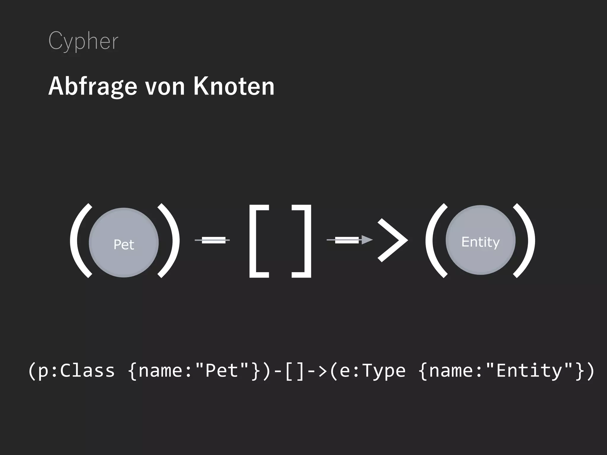 Cypher
Abfrage von Knoten
(p:Class {name:"Pet"})-[]->(e:Type {name:"Entity"})
 