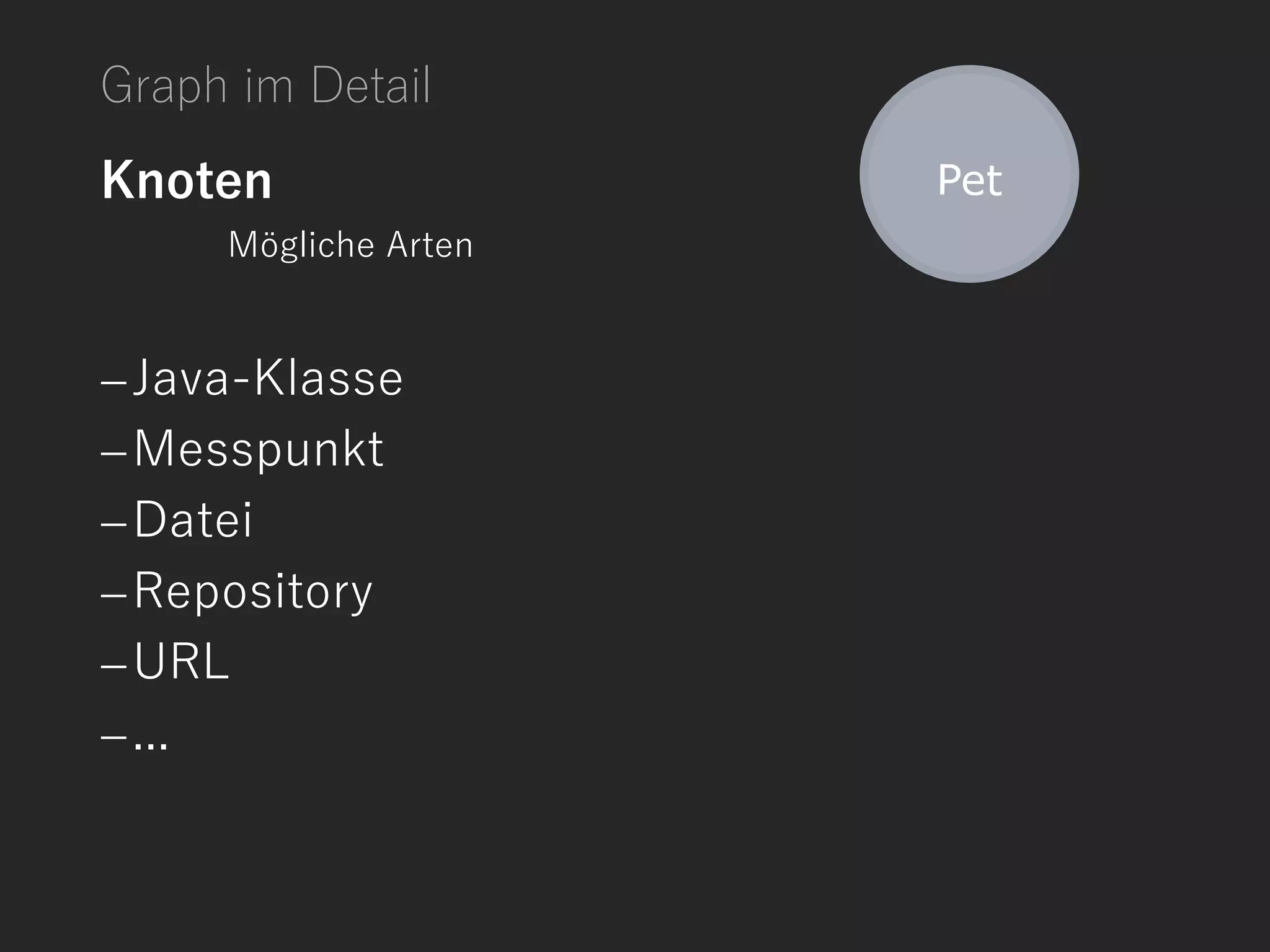 Graph im Detail
Knoten
Mögliche Arten
Java-Klasse
Messpunkt
Datei
Repository
URL
...
 