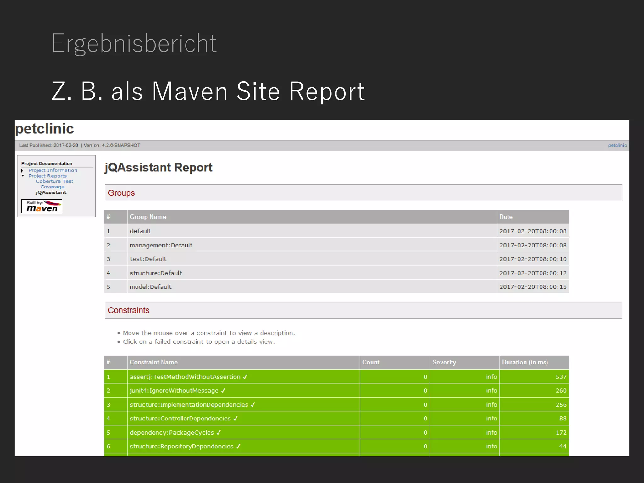Ergebnisbericht
Z. B. als Maven Site Report
 