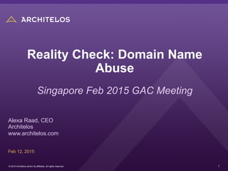 1© 2014 Architelos and/or its affiliates. All rights reserved.
Reality Check: Domain Name
Abuse
Alexa Raad, CEO
Architelos
www.architelos.com
Feb 12, 2015
Singapore Feb 2015 GAC Meeting
 