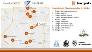 1
2
3
4
5
6
7
8
9
10
1. Colégio Marista Arquidiocesano
2. Colégio Mirassol
3. Colégio Anglo-brasileiro
4. Colégio Nossa Senhora do Rosário
5. Avicena Colégio
6. Colégio Jabaquara
7. Colégio dos Santos Anjos
8. Colégio Vocacional Radial
9. Colégio Santa Amália
10. Colégio Bilac
Colégios
Ensino Infantil / Fundamental I e II / Médio
 