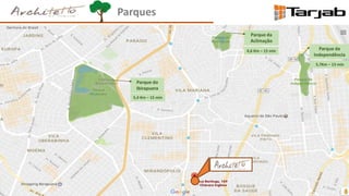 Parque da
Aclimação
Parque do
Ibirapuera
Parque da
Independência
5,7Km – 13 min
4,6 Km – 15 min
5,4 Km – 15 min
Parques
 